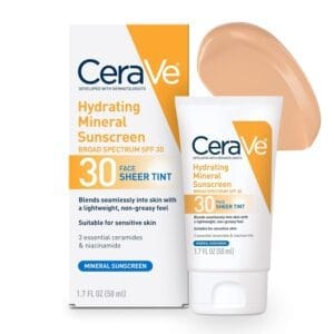 CeraVe Hydrating Mineral Sunscreen with Sheer Tint, Zinc Oxide, Titanium Dioxide SPF 30 1.7 Fluid Ounce