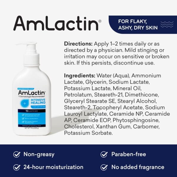 AmLactin Intensive Healing Body Lotion for Dry Skin, 7.9 oz Pump Bottle, 2-in-1 Exfoliator and Moisturizer with Ceramides and 15% Lactic Acid for 24-Hour Relief from Dry Skin (Packaging May Vary) - Image 2