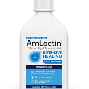 AmLactin Intensive Healing Body Lotion for Dry Skin, 7.9 oz Pump Bottle, 2-in-1 Exfoliator and Moisturizer with Ceramides and 15% Lactic Acid for 24-Hour Relief from Dry Skin (Packaging May Vary)