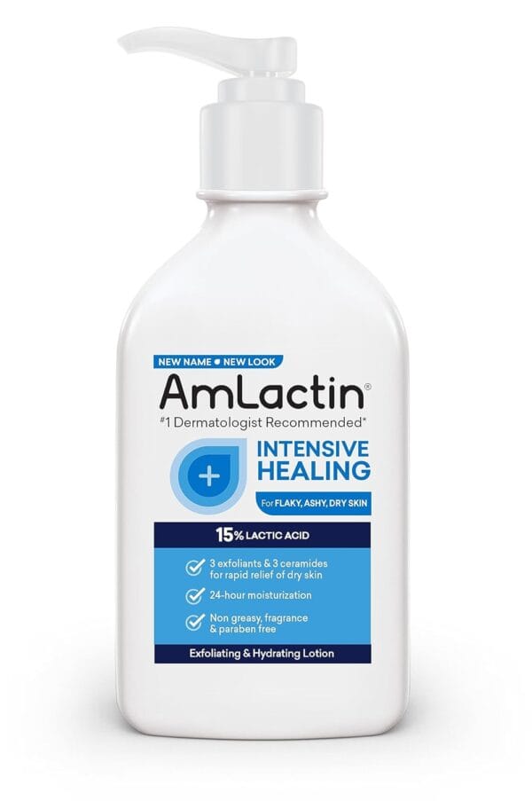 AmLactin Intensive Healing Body Lotion for Dry Skin, 7.9 oz Pump Bottle, 2-in-1 Exfoliator and Moisturizer with Ceramides and 15% Lactic Acid for 24-Hour Relief from Dry Skin (Packaging May Vary)